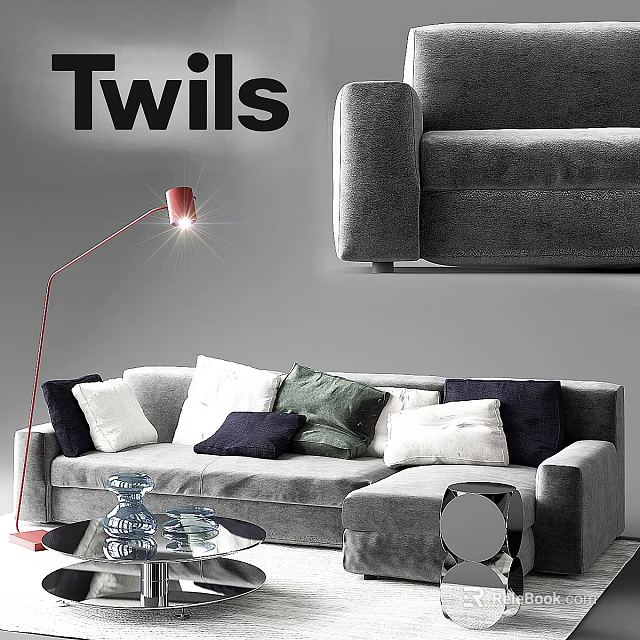 Modern Grey Two Seater Sofa With Colorful Pillows Red Floor Lamp And Glass Coffee Table 3d model 