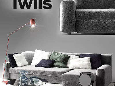 Modern Grey Two Seater Sofa With Colorful Pillows Red Floor Lamp And Glass Coffee Table 3d model