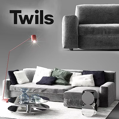 Modern Grey Two Seater Sofa With Colorful Pillows Red Floor Lamp And Glass Coffee Table 3d model