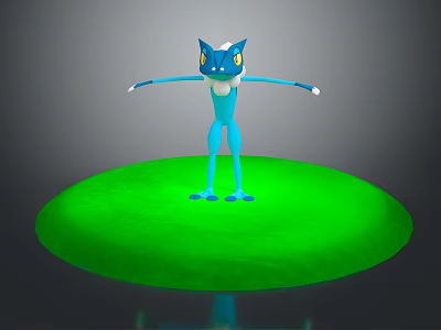 Blue Creature with Yellow Eyes Standing on Green Circular Platform Arms Outstretched 3d model