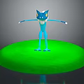 Blue Creature with Yellow Eyes Standing on Green Circular Platform Arms Outstretched