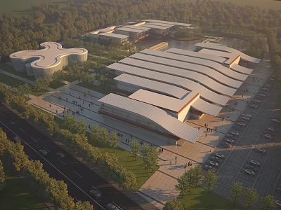Modern Architectural Complex with Curved Roof Design Surrounded by Greenery and Parking Areas 3d model