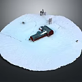 Cartoon Snowy Winter Scene With Snow Covered Red Train And Little Characters