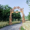 Traditional Memorial Archway Surrounded by Green Trees with Red Flower Decorations and Stone Path