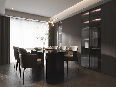 Modern Restaurant Interior With Dining Table Chairs Pendant Light And Wooden Bookshelves 3d model