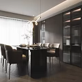 Modern Restaurant Interior With Dining Table Chairs Pendant Light And Wooden Bookshelves