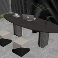 Oval Brown Desk With Laptop Tray Vase Plant Black Chair Geometric Stools And White Blinds