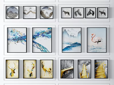 Modern Framed Animal Paintings Featuring Horses Zebras Deer And Flamingo For Home Wall Decor 3d model