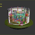 Circular Miniature Scene Model With White Walls Brown Frames Cabinets Shelves And Green Base