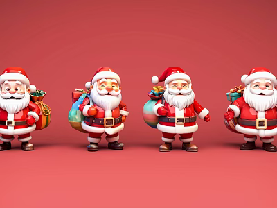 Four Festive Santa Claus Game Movie Characters With Gift Bags On Red Background 3d model