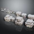 Multiple White Modular Equipment Units Stacked On Black Reflective Surface 3d model