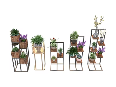 Indoor Decorative Plant Combinations With Multi Tiered Metal Stands And Potted Greenery 3d model