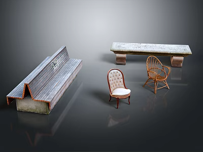 Outdoor Garden Chairs With Wooden Bench Rattan Design And Comfortable Backrest 3d model