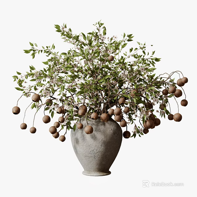 Gray Terracotta Vase With Green Leaves Small White Flowers And Brown Round Fruits Arrangement 3d model 