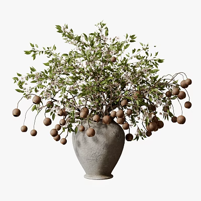 Gray Terracotta Vase With Green Leaves Small White Flowers And Brown Round Fruits Arrangement 3d model