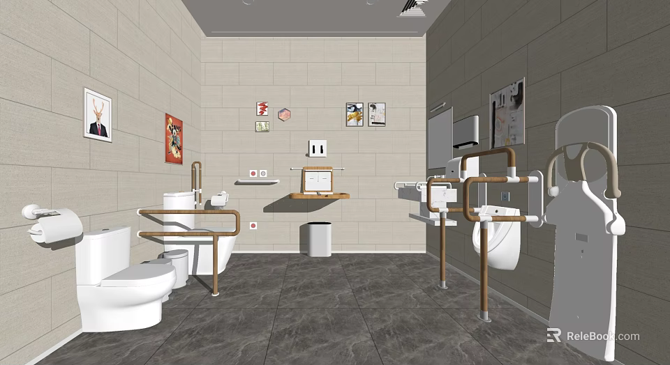 Public Restroom Interior With Toilets Wash Basins Handrails And Decorative 3d model 