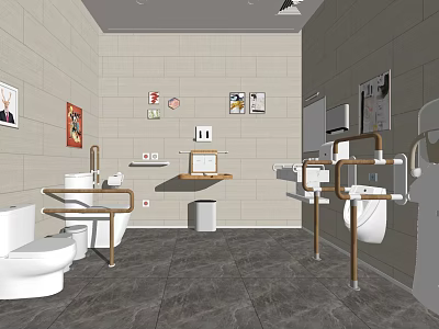 Public Restroom Interior With Toilets Wash Basins Handrails And Decorative 3d model