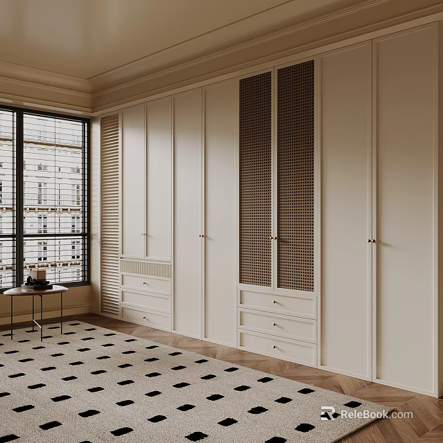 Modern Storage Room Interior With White Wardrobes Geometric Rug And Wooden Floor 3d model 