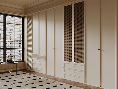 Modern Storage Room Interior With White Wardrobes Geometric Rug And Wooden Floor 3d model