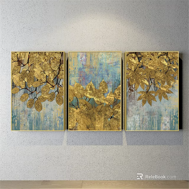 Abstract Painting Triptych With Gold Leaf Patterns And Blue Textured Background 3d model