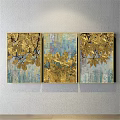 Abstract Painting Triptych With Gold Leaf Patterns And Blue Textured Background 3d model