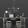 Modern Minimalist Desk Interior With Laptop Green Chair Table Lamp Hanging Lamp And Two Stools