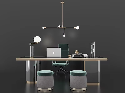 Modern Minimalist Desk Interior With Laptop Green Chair Table Lamp Hanging Lamp And Two Stools 3d model