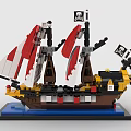 Building Blocks Pirate Ship With Red White Sails Skull Flag Detailed Hull On Blue Base