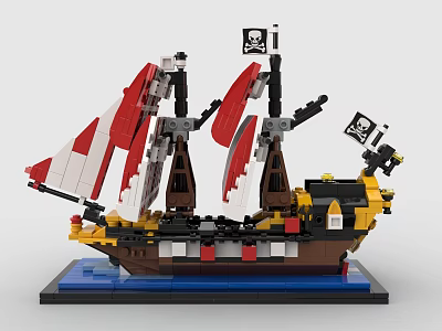 Building Blocks Pirate Ship With Red White Sails Skull Flag Detailed Hull On Blue Base 3d model