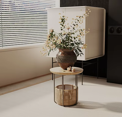 Elegant Side Table With Wicker Basket And Floral Vase In Modern Living Room 3d model