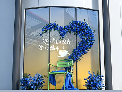 Heart Shaped Blue Floral Display In Front Of Glass Window With Green Chair And Bouquets 3d model
