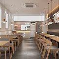 Modern Restaurant Interior With Wooden Tables Chairs Hanging Lights And Mirrors