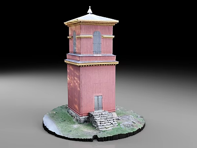 Red Two Story Tower Structure With Stone Steps And Grass Base 3d model