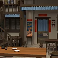 Traditional Chinese Restaurant Interior With Wooden Tables Chairs Stairs And Decor