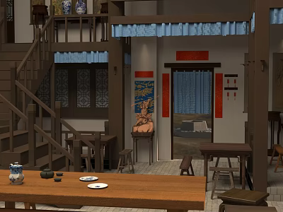 Traditional Chinese Restaurant Interior With Wooden Tables Chairs Stairs And Decor 3d model