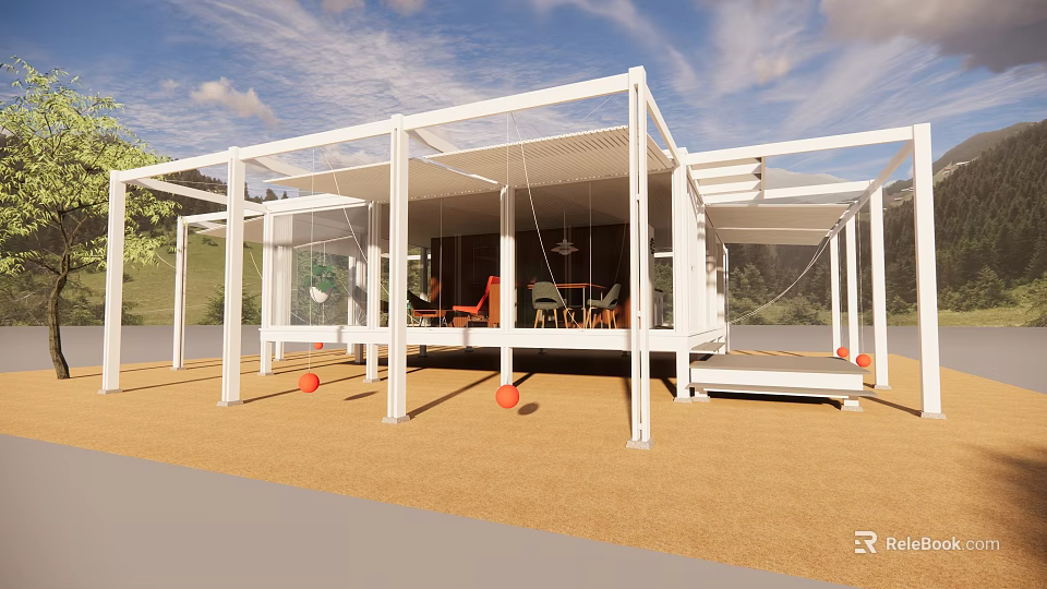 Modern Detached Villa Featuring White Frame Glass Windows Indoor Orange Chairs and Outdoor Terrace 3d model 