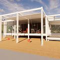 Modern Detached Villa Featuring White Frame Glass Windows Indoor Orange Chairs and Outdoor Terrace