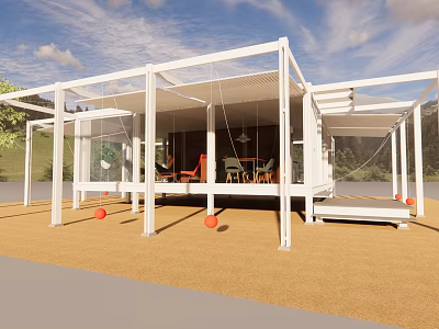 Modern Detached Villa Featuring White Frame Glass Windows Indoor Orange Chairs and Outdoor Terrace 3d model