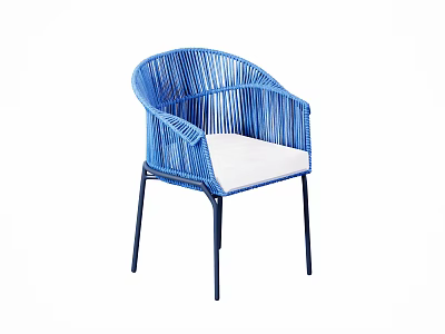 Modern Blue Rattan Dining Chair With Armrests White Cushion And Black Metal Legs 3d model