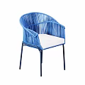 Modern Blue Rattan Dining Chair With Armrests White Cushion And Black Metal Legs
