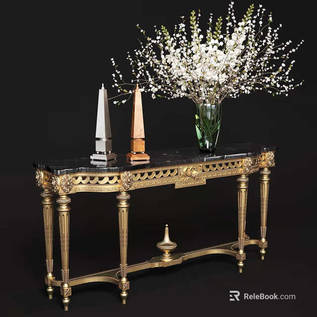 Elegant Gold Carved Console Table With Black Marble Top Green Vase And White Floral Arrangement 3d model 