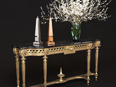 Elegant Gold Carved Console Table With Black Marble Top Green Vase And White Floral Arrangement 3d model
