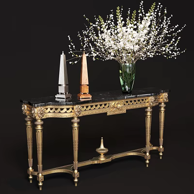 Elegant Gold Carved Console Table With Black Marble Top Green Vase And White Floral Arrangement 3d model