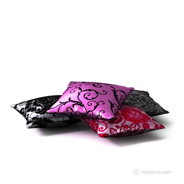 Decorative Ornament Set With Colorful Patterned Pillows In Pink Black Red 3d model 