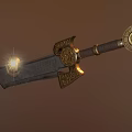 Ornate Medieval Style Sword Featuring Leather Wrapped Hilt Golden Emblems And Carved Blade Design
