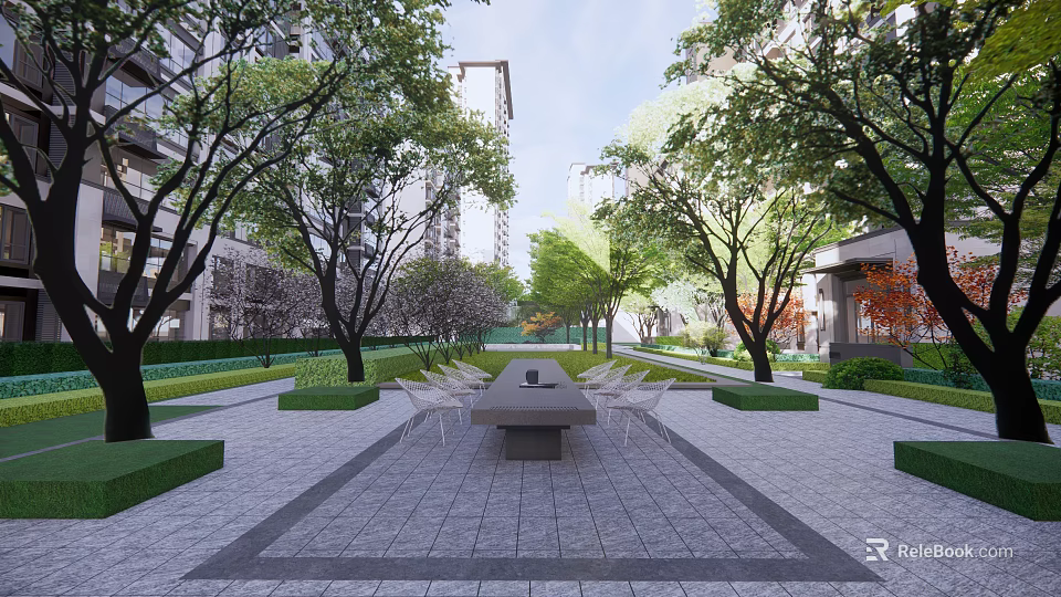 Tranquil Garden Landscape With Stone Pathway Trees And Central Seating Area 3d model 