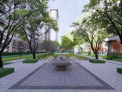 Tranquil Garden Landscape With Stone Pathway Trees And Central Seating Area 3d model