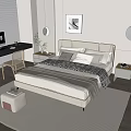 Modern Double Bed in Minimalist Bedroom with Pillows Striped Quilt Nightstand and Desk