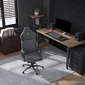 Modern Office Desk Setup With Ergonomic Chair Computer Monitor Keyboard Speakers Bookshelf And Potted Plant