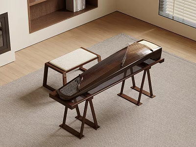 Traditional Chinese Zither With Cushioned Bench On Wooden Floor In Living Room With Bookshelf 3d model